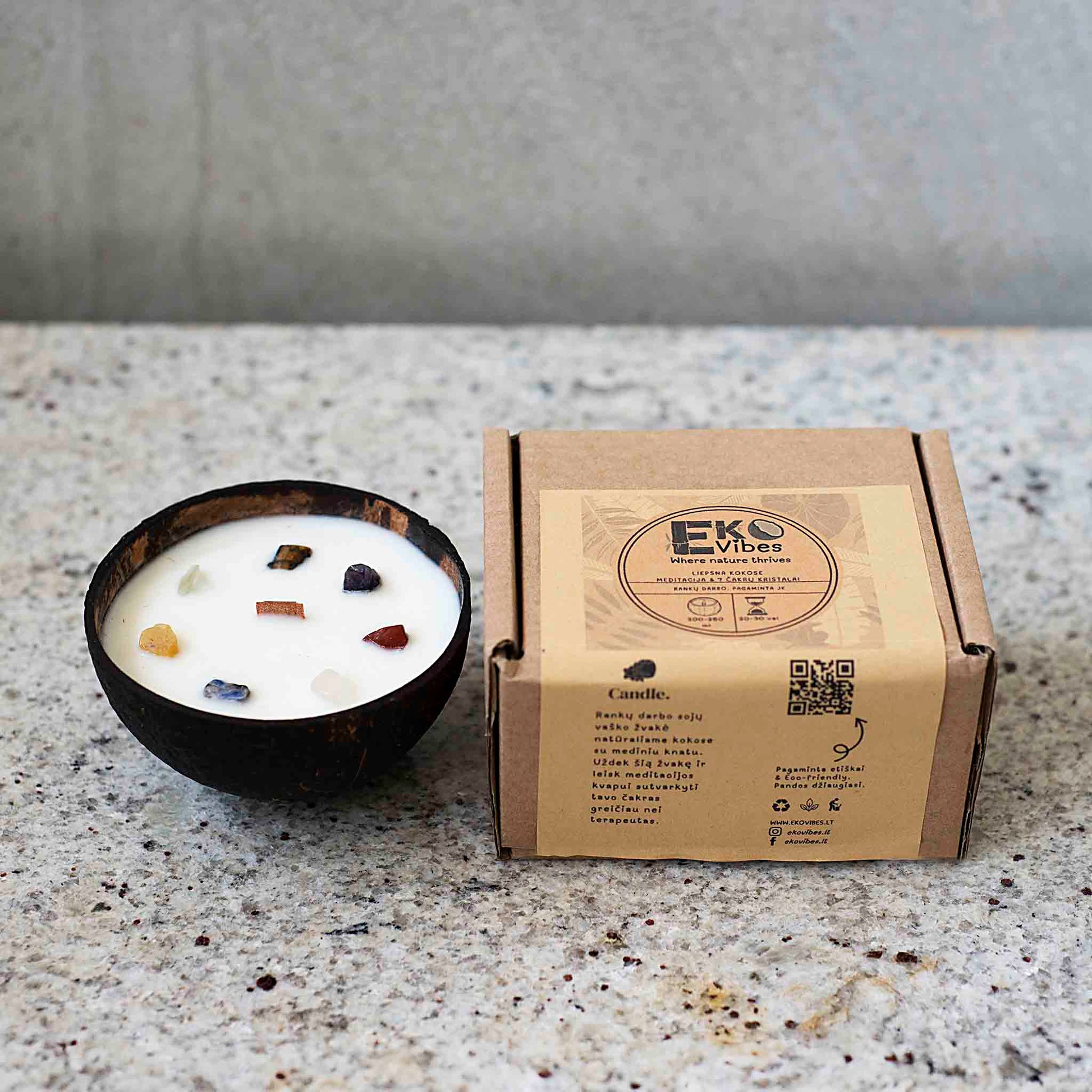 Žvakė Meditation kvapas su čakrų kristalais su ekologiška pakuote – EkoVibes