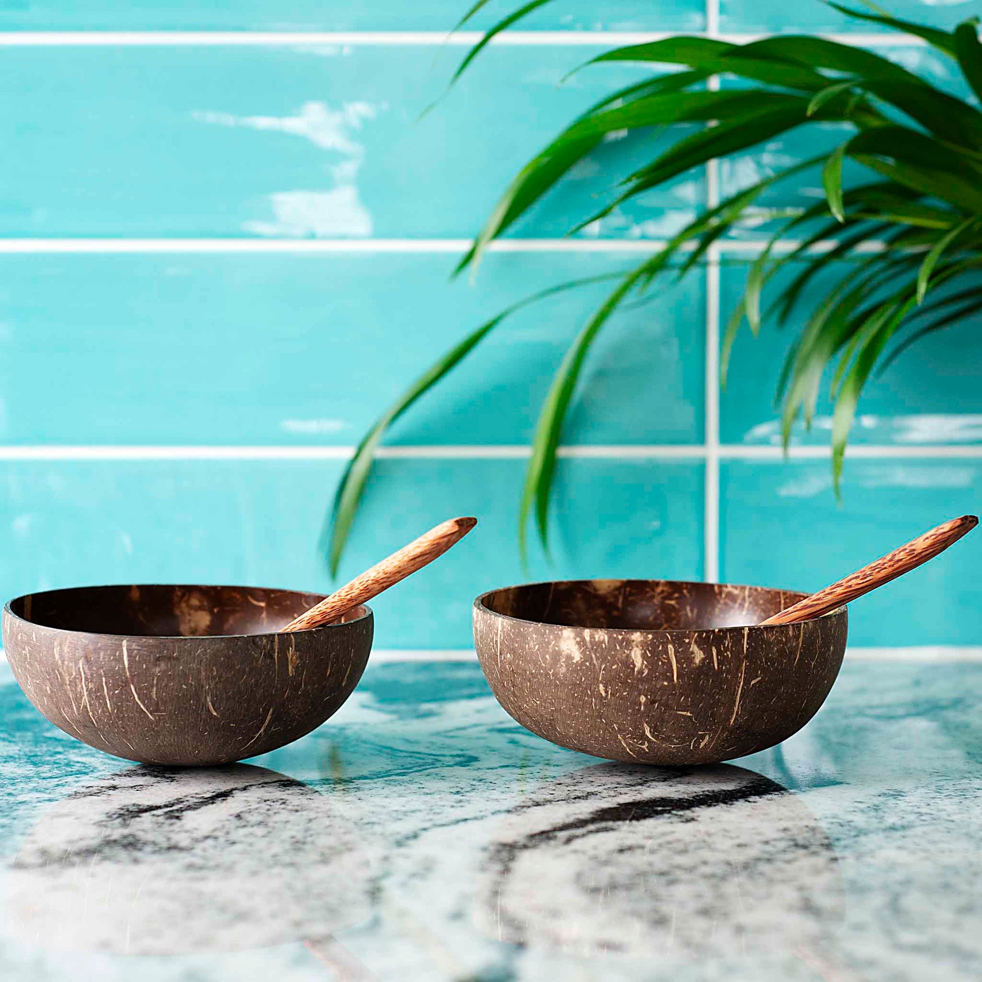 Kokoso dubenėlių rinkinys – 2 MIDI dydžio dubenėliai ir 2 šaukšteliai, rankų darbo