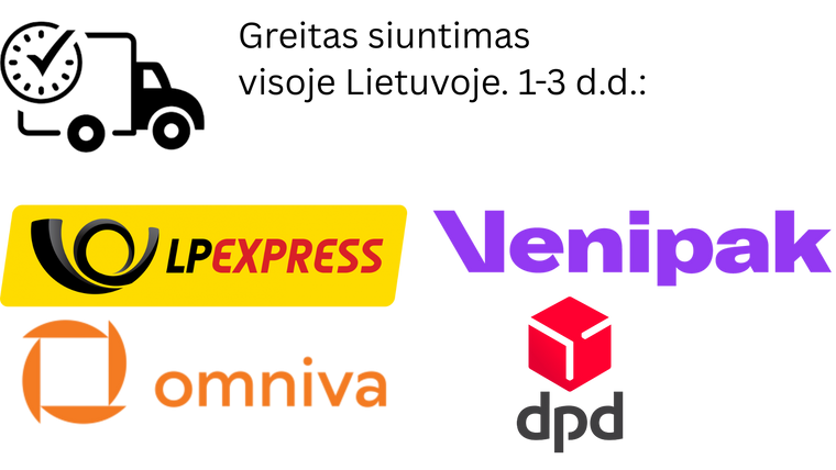 Pavaizduoti populiariausi siuntų pristatymo vežėjai Lietuvoje: LP Express, Venipak, Omniva ir DPD logotipai