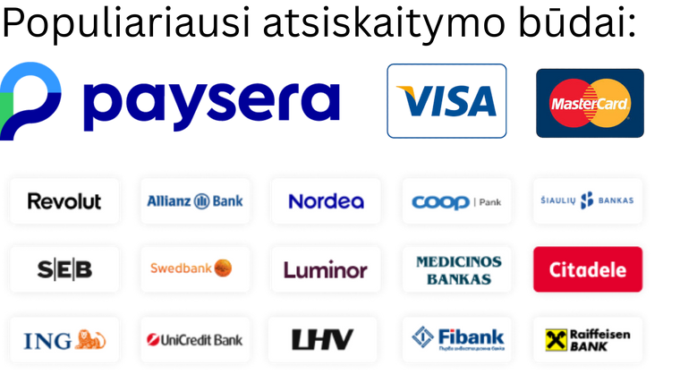 Pavaizduoti populiariausi mokėjimo būdai Lietuvoje: Paysera, Visa, Mastercard ir kiti Paysera mokėjimo būdai kaip Swedbank, SEB, Luminor ir pan.